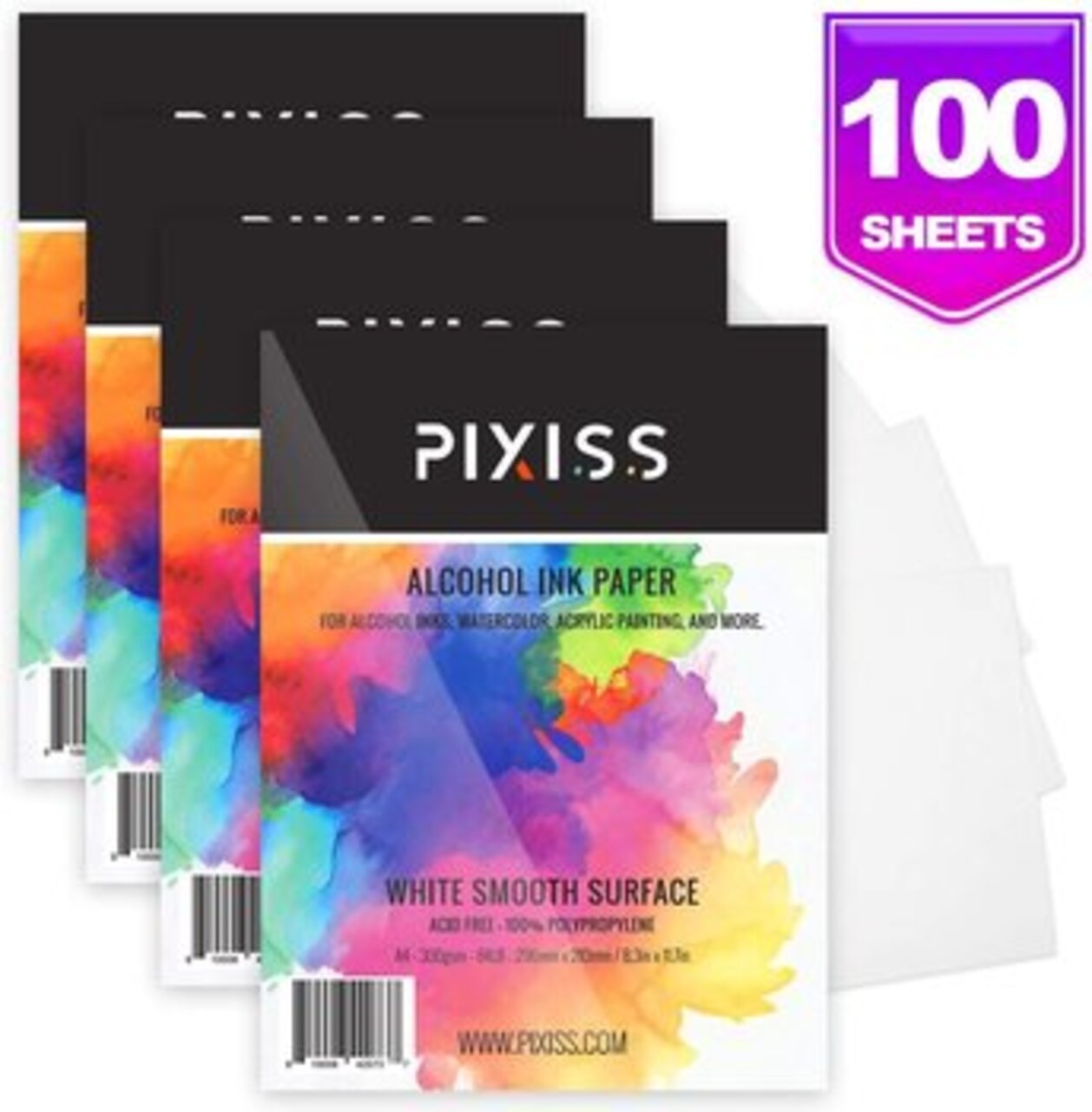 4 Pack (100 Sheets Total) - Pixiss 25 Sheets Heavy Weight Alcohol Ink Paper A4 8.3x11.7 Inches (210x297mm), 300gsm, Extra Smooth